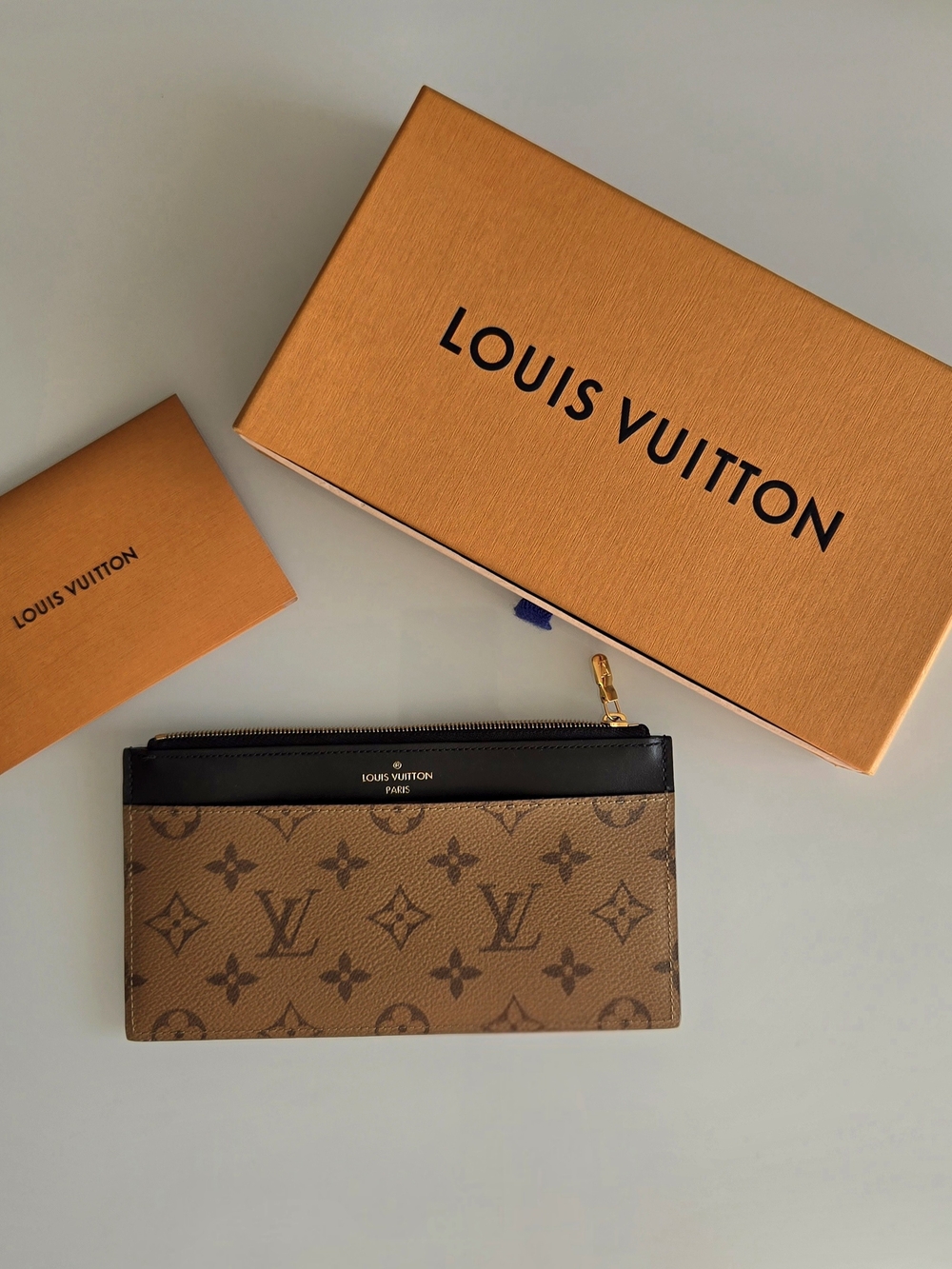 Louis Vuitton Slim Purse Wallet Monogram Canvas Leather Black/Brown Original Box